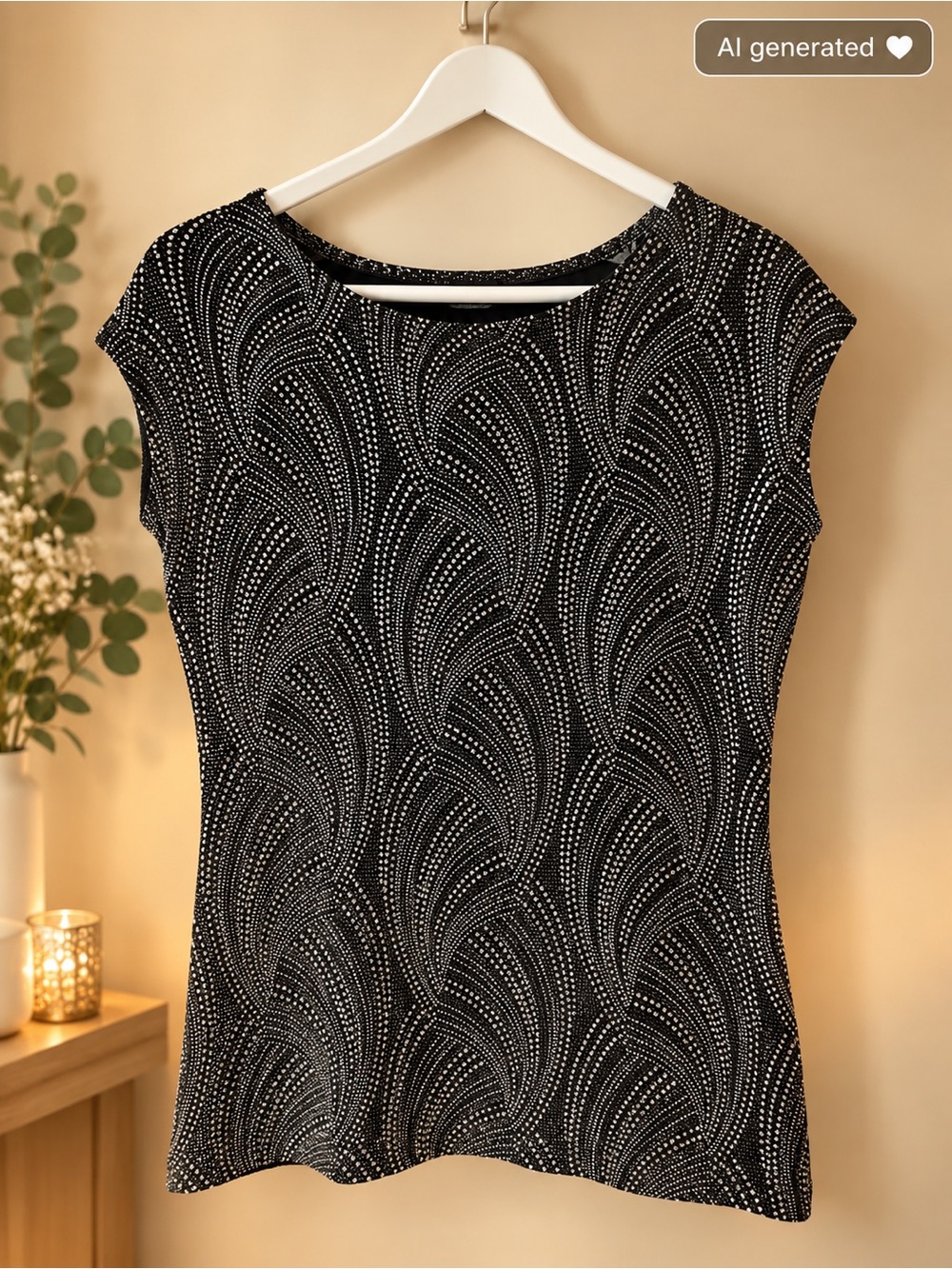 Black Patterned Cap-Sleeve Women's Dress Top